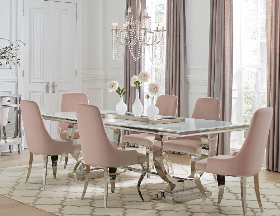 Antoine 7-piece Rectangular Glass Top Dining Table Set Pink (image for) Antoine 7-piece Rectangular Glass Top Dining Table Set Pink