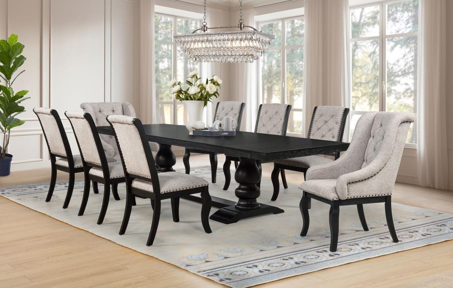 Modal Additional Images for Phelps Upholstered Dining Arm Chair Tan Distressed Noir (Set of 2)