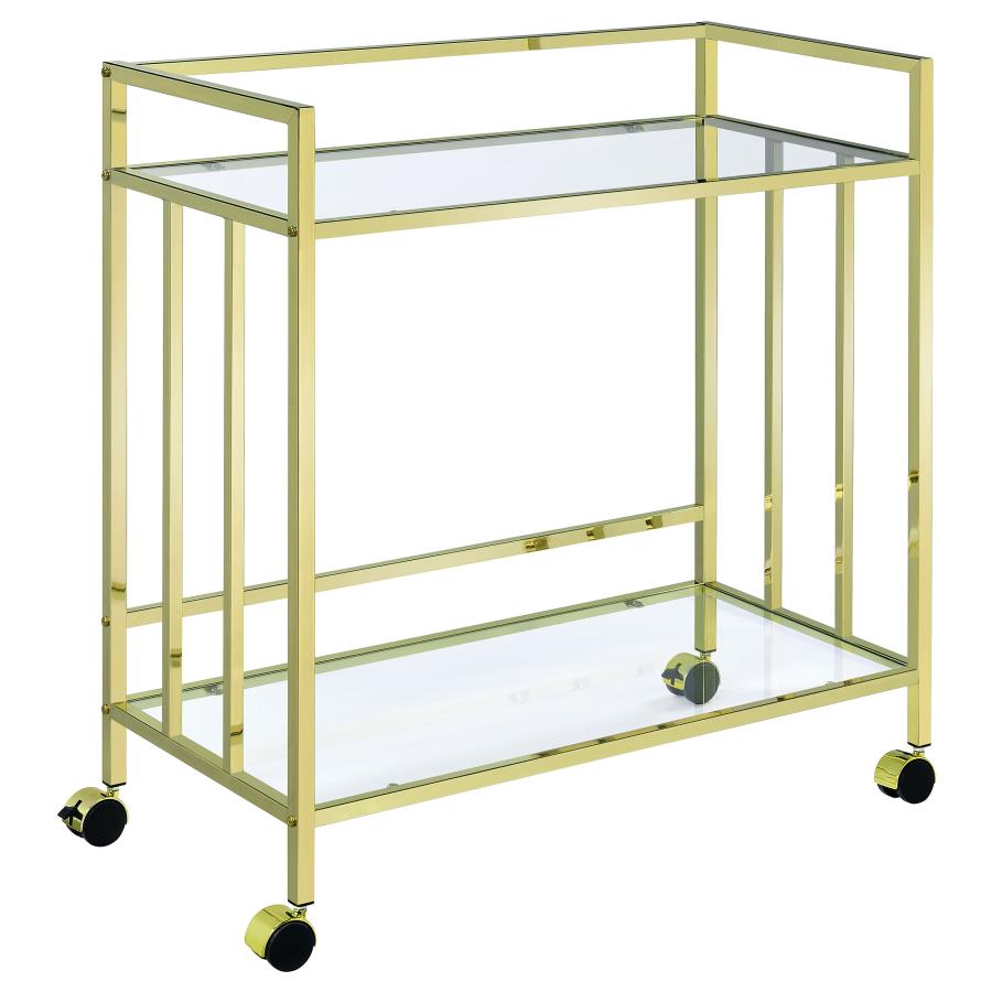 Cara 2-tier Rectangular Glass Shelf Metal Bar Cart Brass (image for) Cara 2-tier Rectangular Glass Shelf Metal Bar Cart Brass