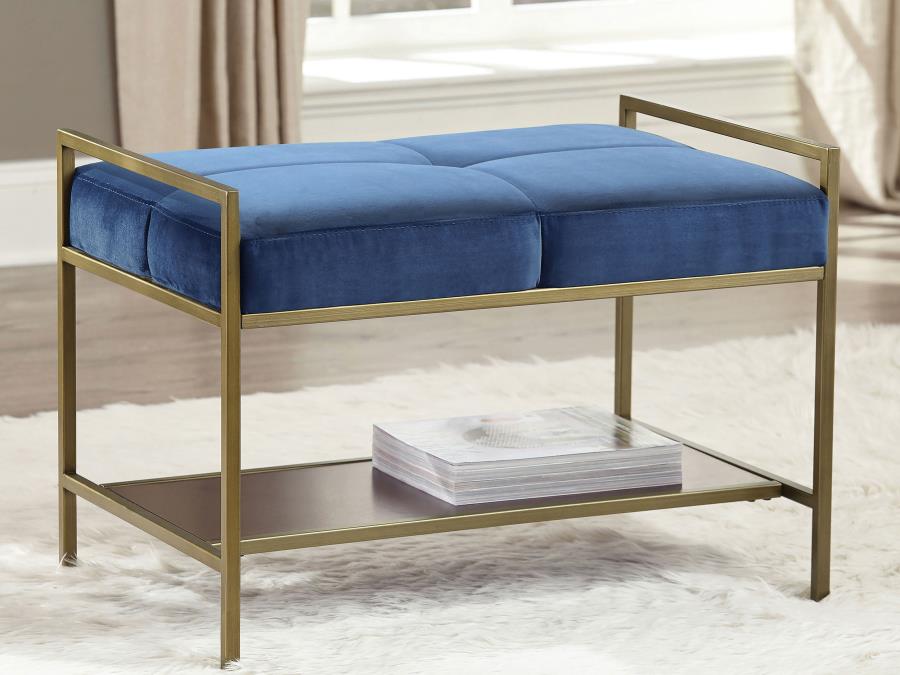Maria Velvet Upholstered Bench with Shelf Navy Blue and Gold