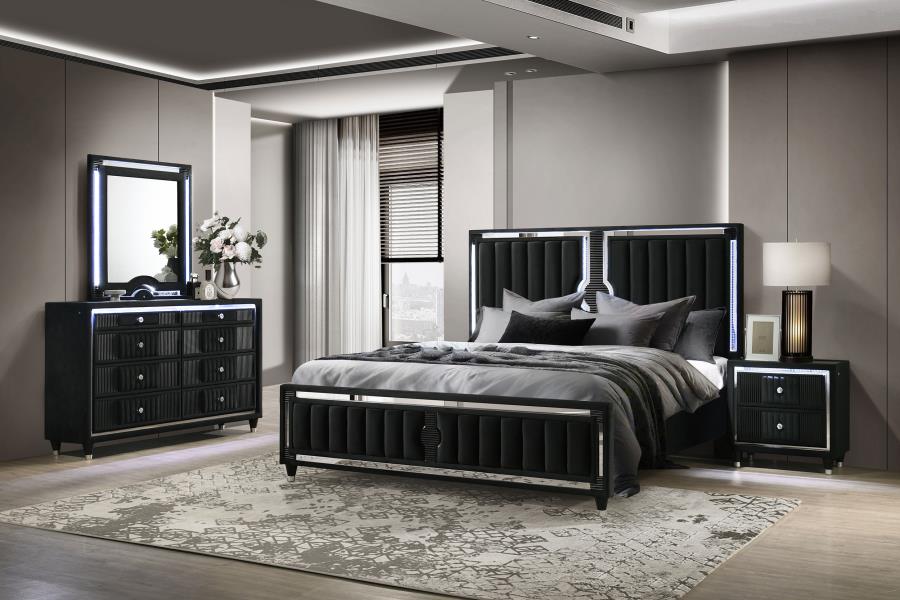 (image for) Ravenne 4-piece Velvet Upholstered California King LED Bedroom Set Black