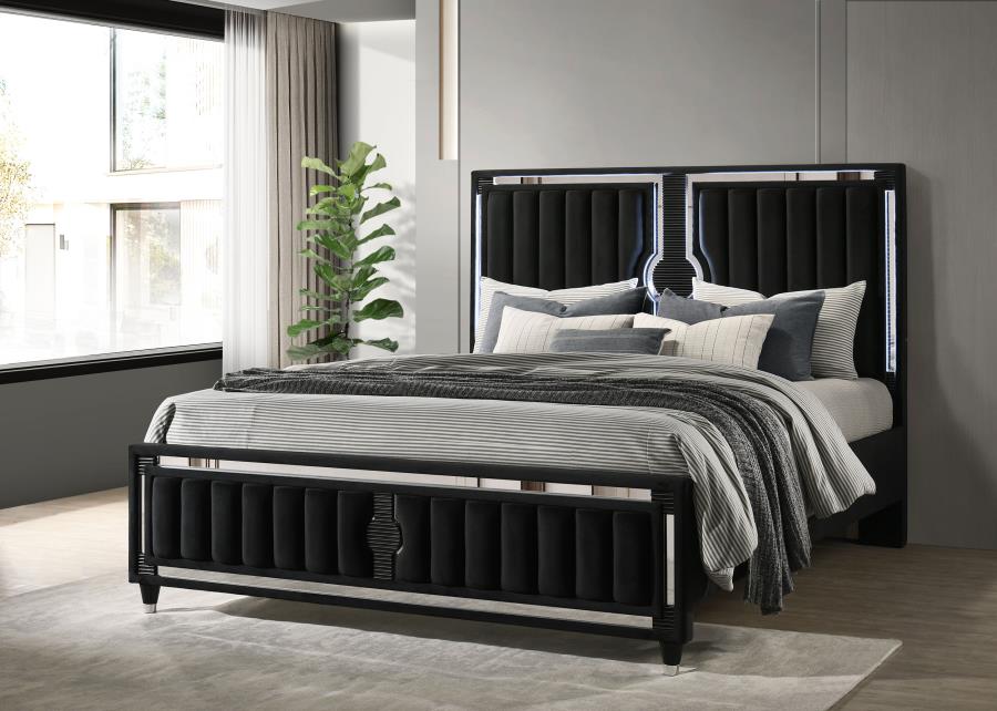 Ravenne Velvet Upholstered California King LED Panel Bed Black