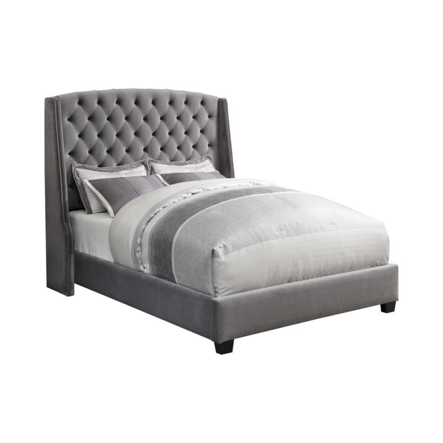 Pissarro Upholstered Queen Wingback Bed Grey (image for) Pissarro Upholstered Queen Wingback Bed Grey