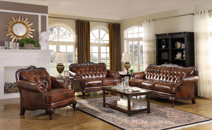 Victoria 3-piece Full Leather Upholstered Sofa Set Brown (image for) Victoria 3-piece Full Leather Upholstered Sofa Set Brown