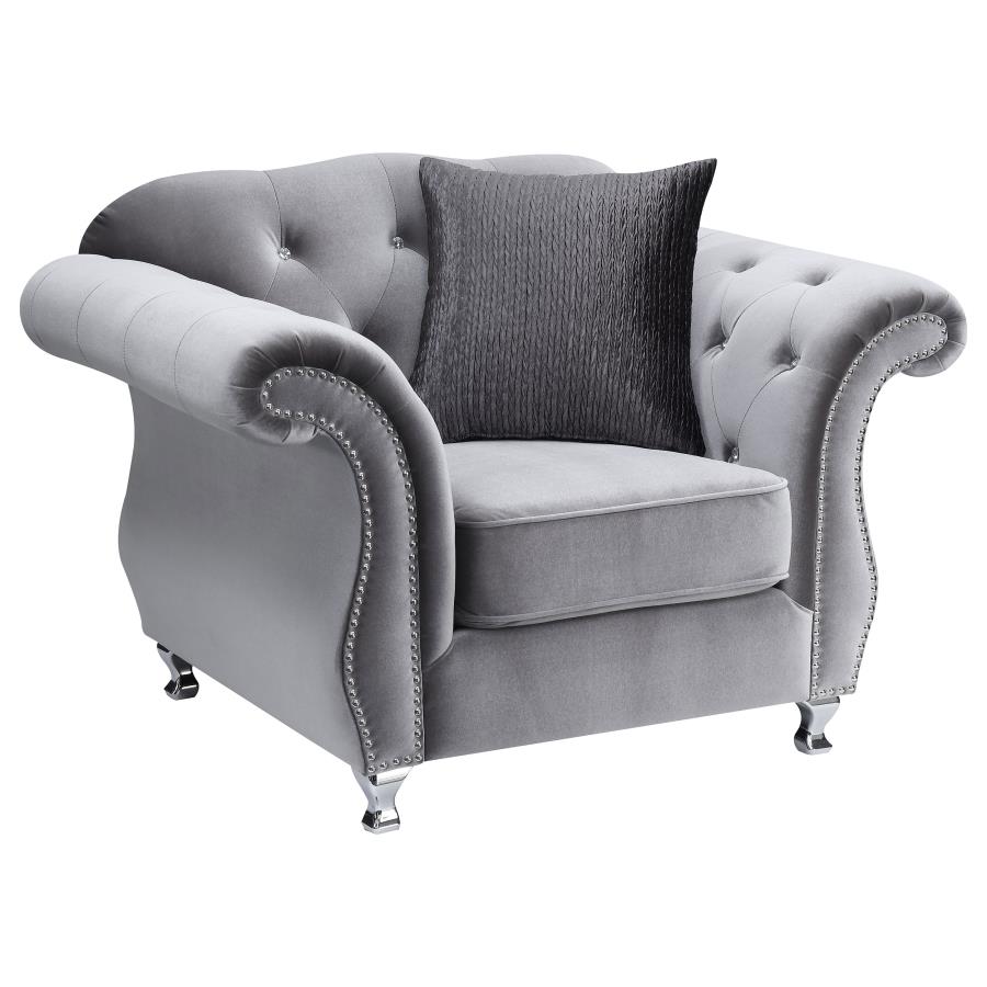 Frostine Upholstered Rolled Arm Tufted Accent Chair Silver (image for) Frostine Upholstered Rolled Arm Tufted Accent Chair Silver
