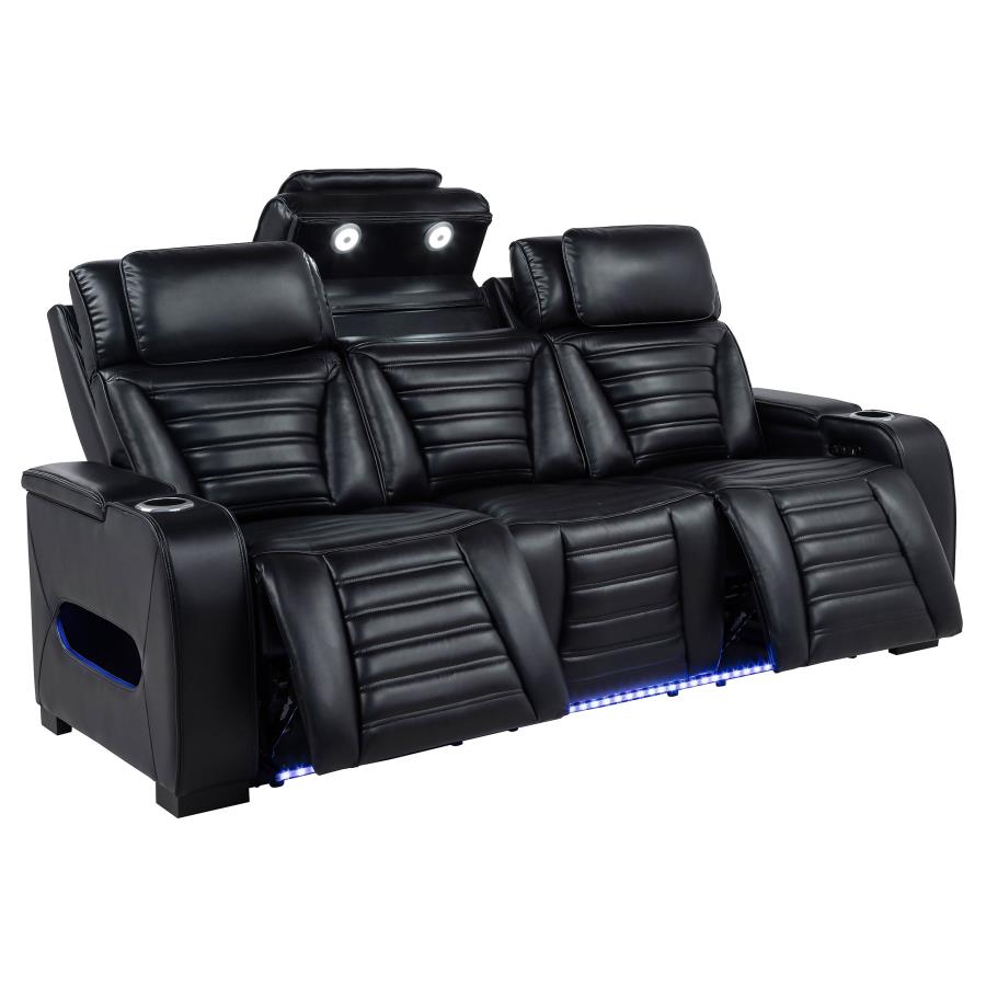 Zuma 3-piece Faux Leather Dual Power LED Sofa Set Black