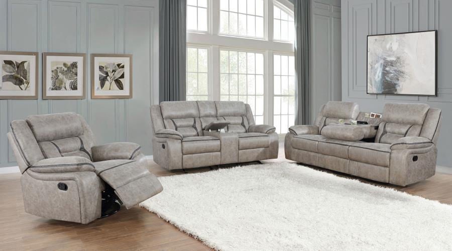 Modal Additional Images for Greer Upholstered Motion Reclining Loveseat Taupe