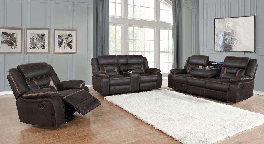 Modal Additional Images for Greer Upholstered Motion Reclining Loveseat Brown