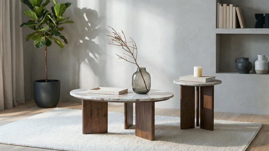 Modal Additional Images for Jenna Round Marble Top Mango Wood Side End Table Brown