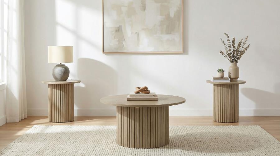 (image for) Hamlyn 3-piece Round Fluted Coffee and End Table Set Natural Oak
