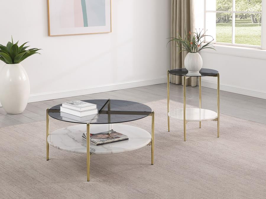 Modal Additional Images for Jonelle Round Glass Top End Table White Marble Shelf Gold