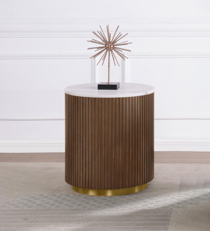Jason Round White Marble Top Side End Table Honey Brown