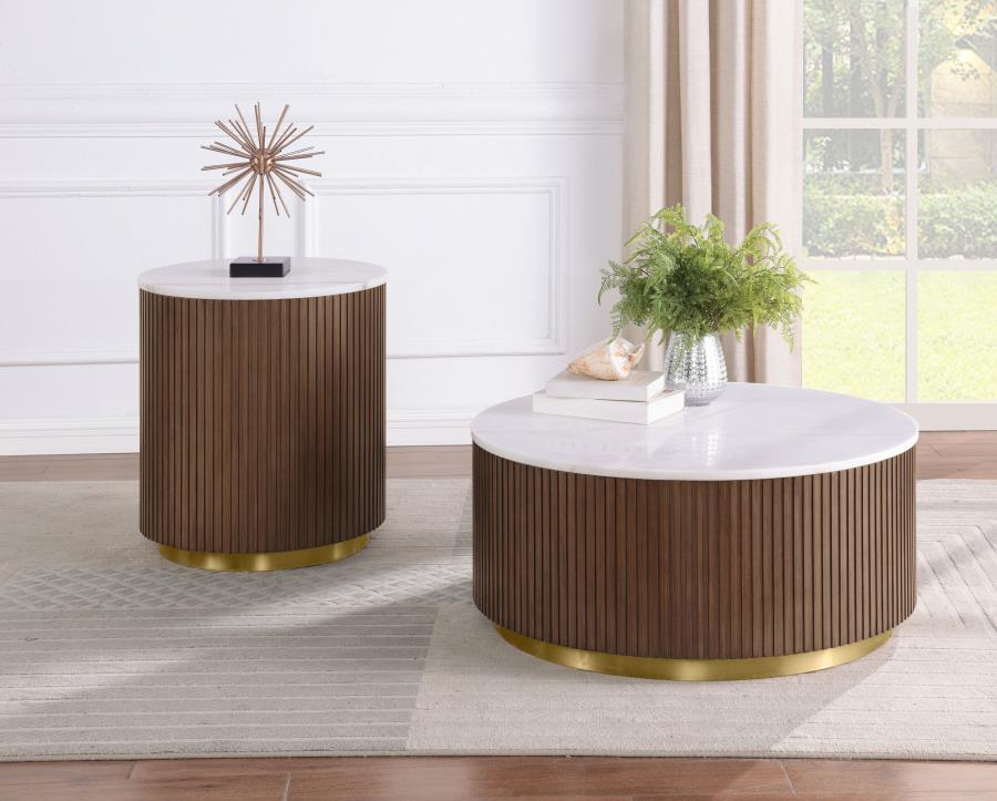 (image for) Jason 2-piece Round White Marble Coffee Table Set Honey Brown