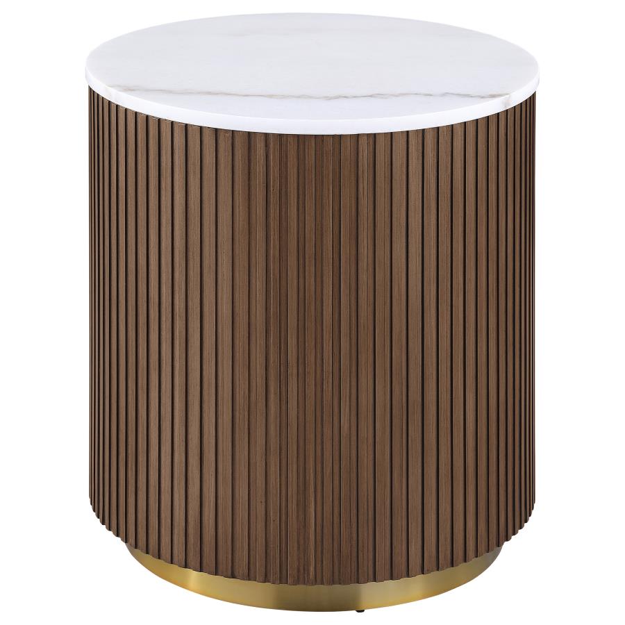Jason 2-piece Round White Marble Coffee Table Set Honey Brown