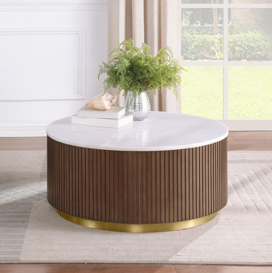 Jason Round White Marble Top Coffee Table Honey Brown