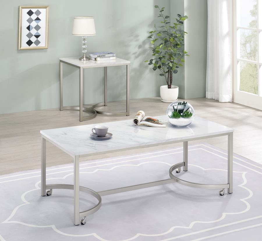 Modal Additional Images for Leona Faux Marble Coffee Table with Casters Satin Nickel