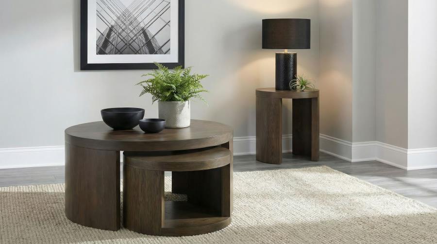 Modal Additional Images for Sweeney 2-piece Round Wood Occasional Nesting Table Set Dark Walnut