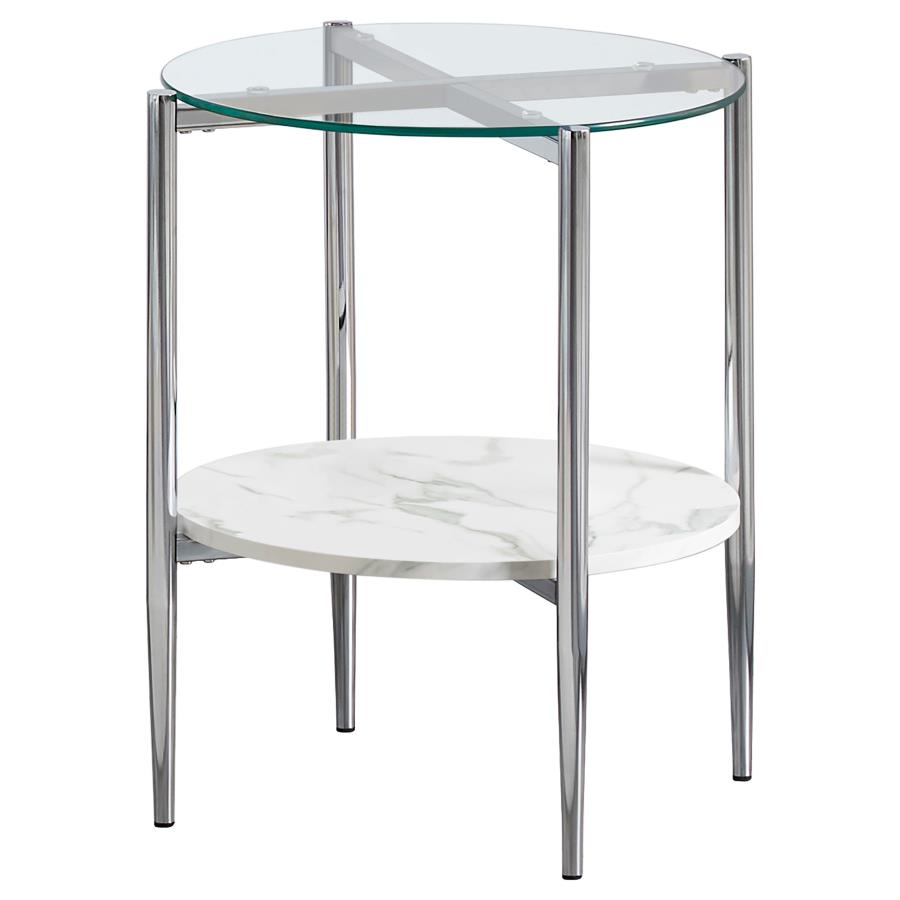 Cadee Round Glass Top End Table White and Chrome (image for) Cadee Round Glass Top End Table White and Chrome