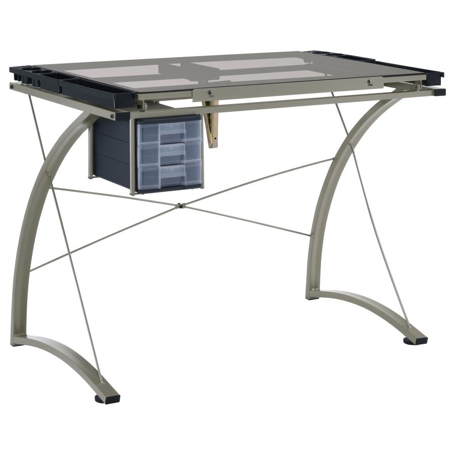 Melo 41-inch Glass Top Drafting Table with Storage Silver (image for) Melo 41-inch Glass Top Drafting Table with Storage Silver