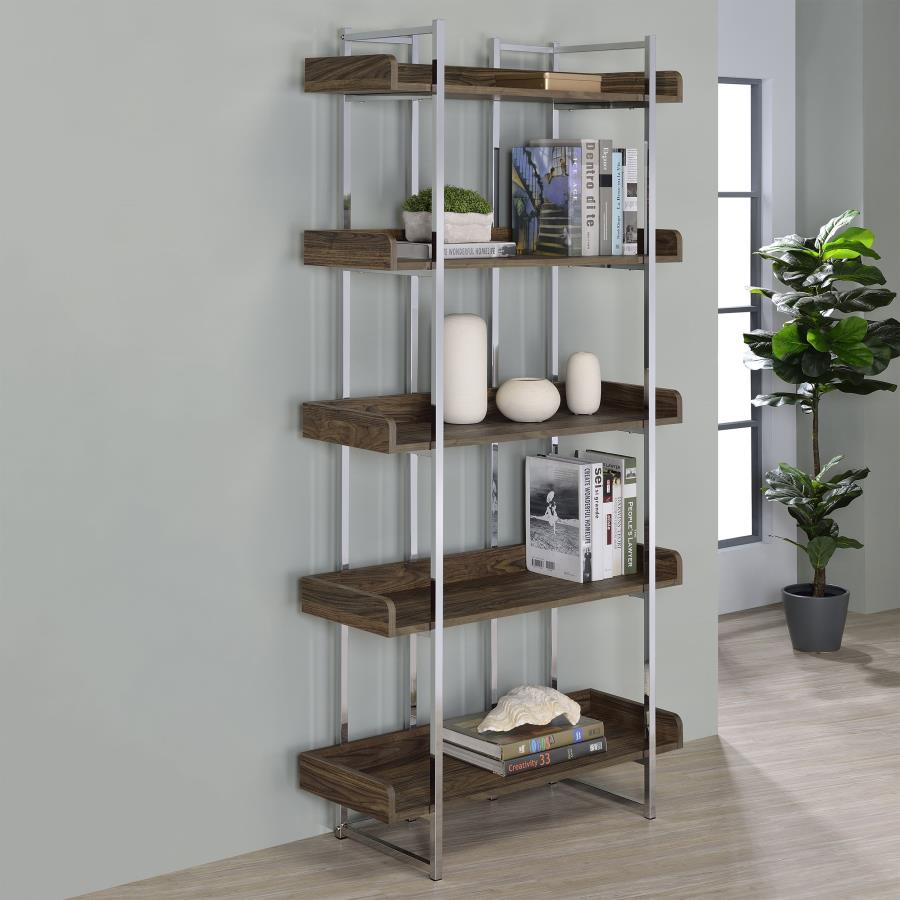 Angelica 70-inch 5-shelf Bookshelf Walnut and Chrome