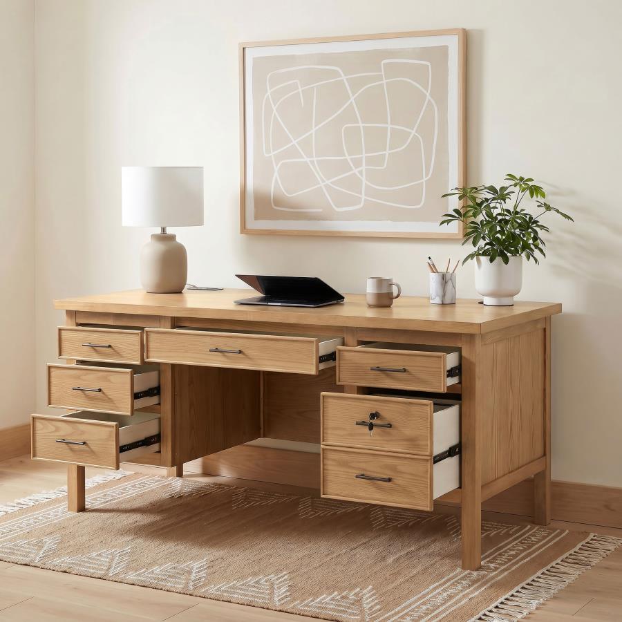 (image for) Vermes 66-inch 7-drawer Computer Desk with Power Outlet Light Ash
