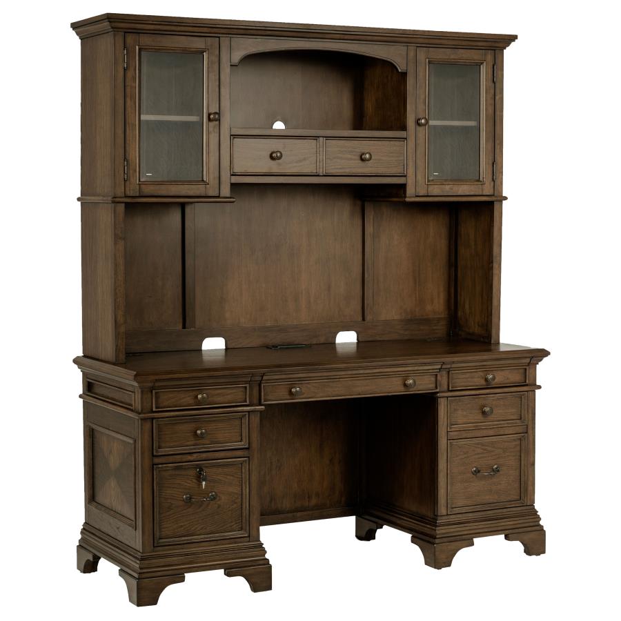 Hartshill 66-inch 5-drawer Credenza with Hutch Burnished Oak (image for) Hartshill 66-inch 5-drawer Credenza with Hutch Burnished Oak