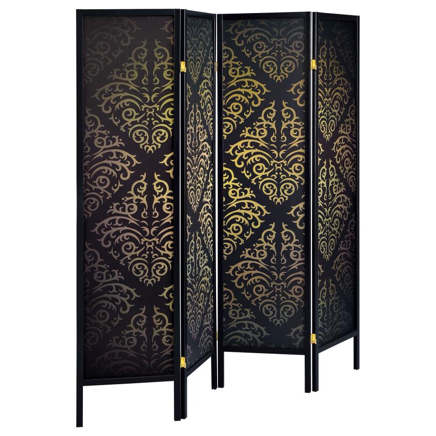 Haidera 4-Panel Room Divider Folding Screen Black Damask (image for) Haidera 4-Panel Room Divider Folding Screen Black Damask