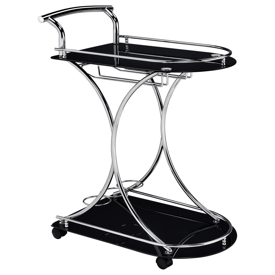 Elfman 2-tier Glass Shelf Metal Bar Cart Black and Chrome (image for) Elfman 2-tier Glass Shelf Metal Bar Cart Black and Chrome